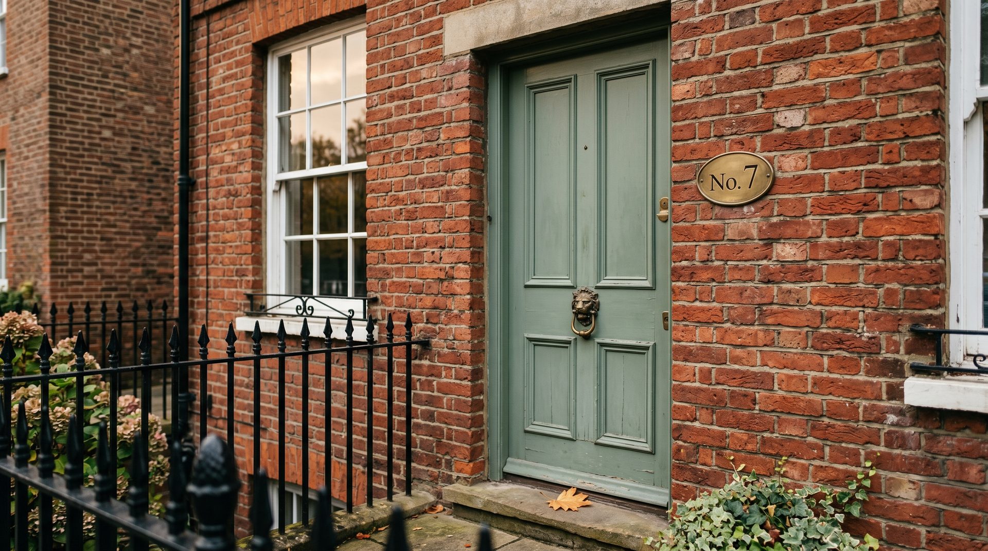 A sage-green Victorian front door with a polished brass No.7 plate and black cast-iron railings, on a red-brick terraced house in warm autumn morning light