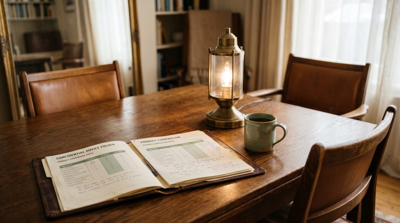 Mortgage broker advising a young couple across a desk