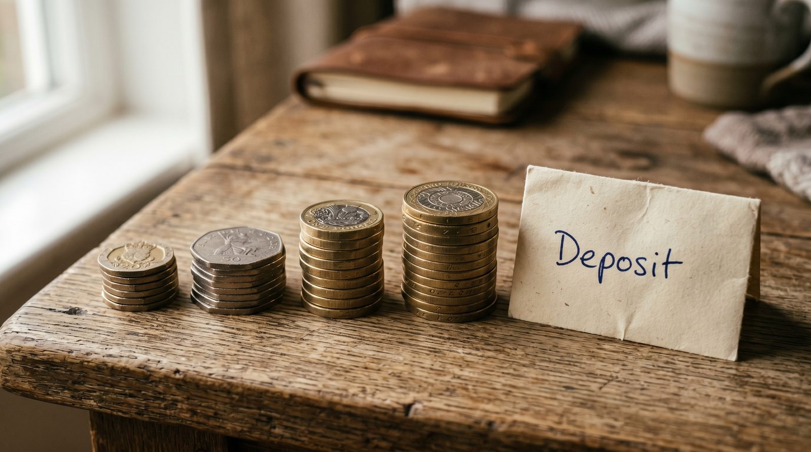 Stack of pound coins next to a model house representing offset mortgage savings