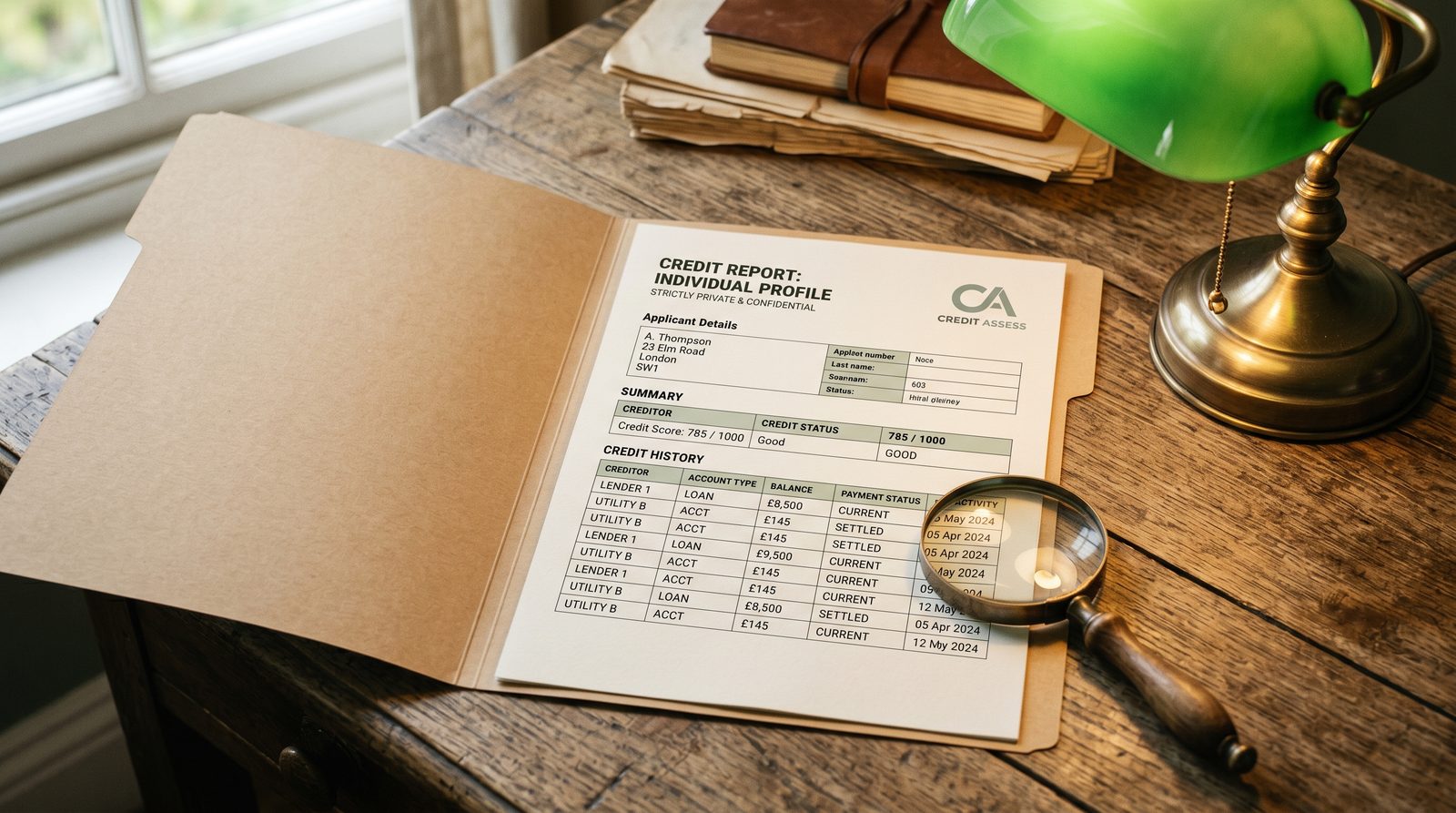 A credit report on a desk showing historic short-term credit entries