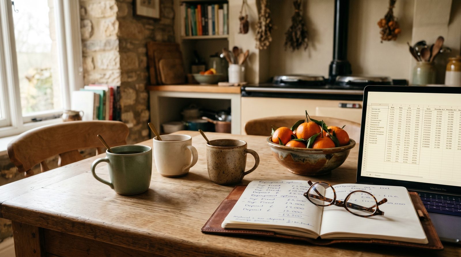 A parent handing bank statements to their adult child across a table with mortgage paperwork