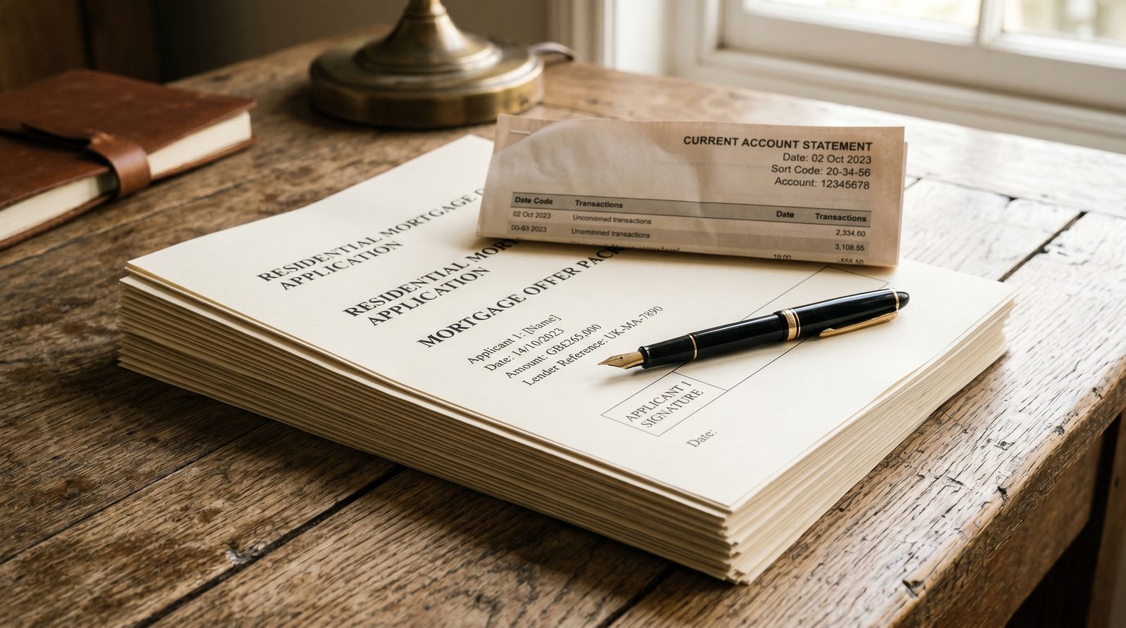 Stack of mortgage application documents being signed at a desk