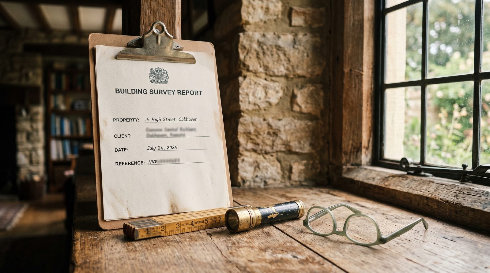 Surveyor with a clipboard inspecting a UK house exterior
