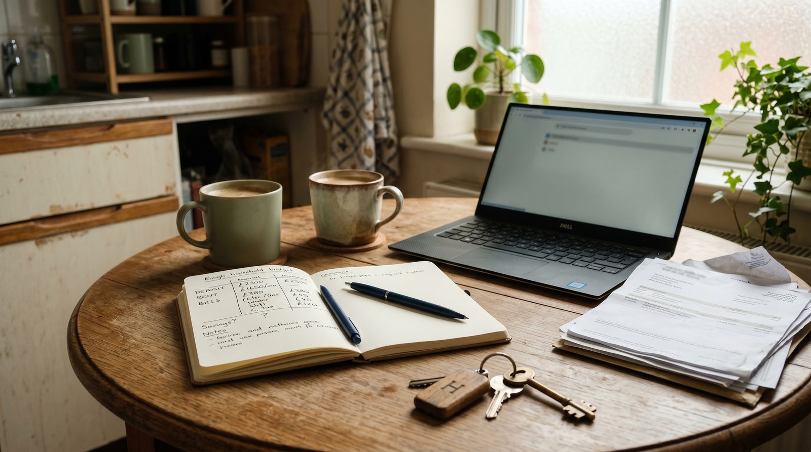 A young couple planning their first home purchase at a kitchen table with a laptop